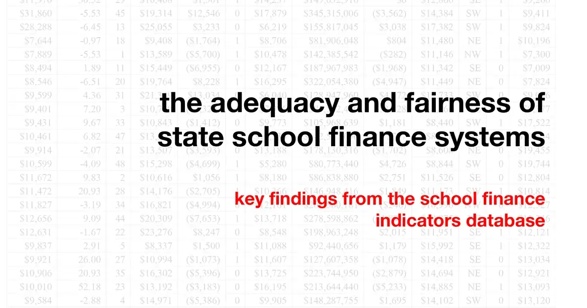 Data table background in light gray with black title text reading "the adequacy and fairness of state school finance systems" and red subtitle text reading "key findings from the school finance indicators database."