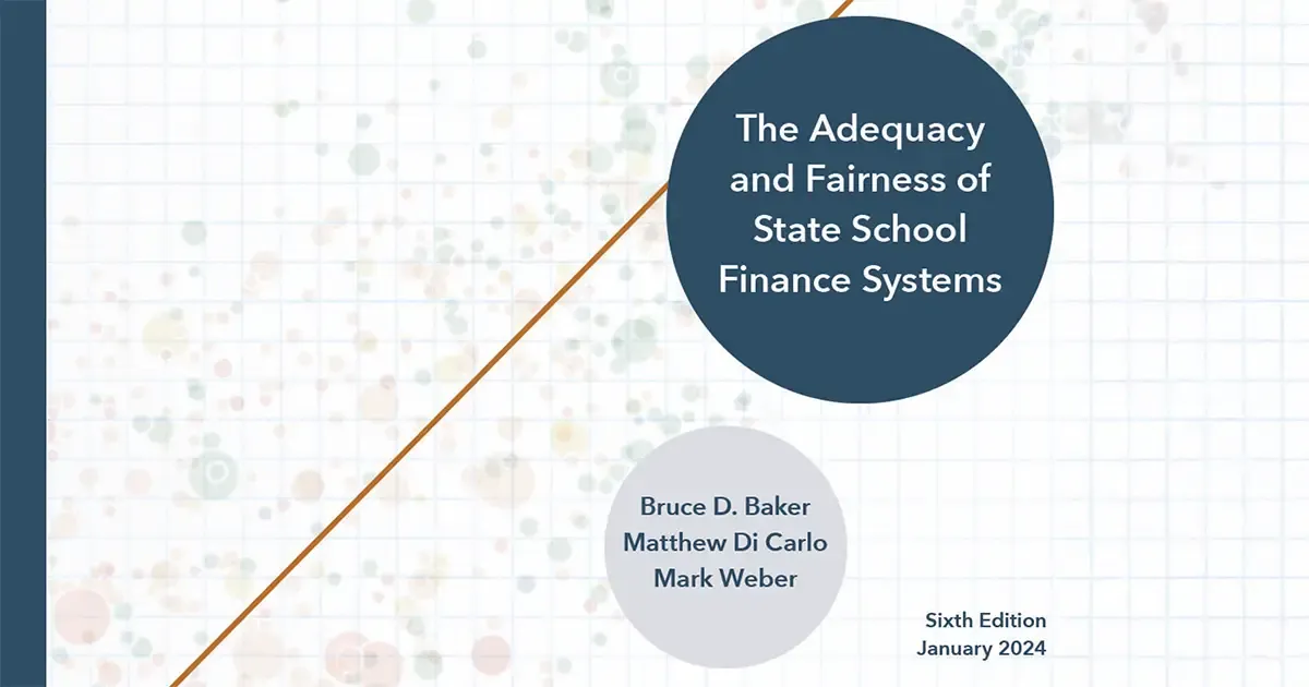 Cover of "The Adequacy and Fairness of State School Finance Systems." Includes author names and edition details on a grid background with faded circles.