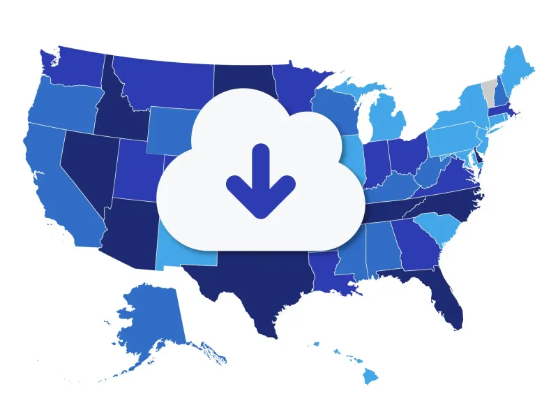 U.S. map in shades of blue with a white cloud icon featuring a downward arrow overlay, symbolizing data download functionality